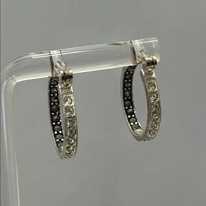 Artisan Sterling Silver Inside Out Hoop Earrings Black & White CZ Accents